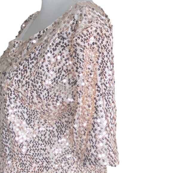 Shi Long Fashion Wm Sz XXL Rose Gold Lined Sequin Bateau Neck Boxy Lined Blouse - Picture 2 of 4
